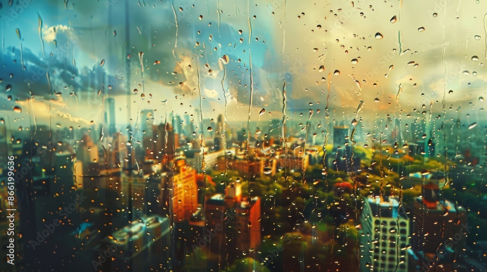 Poster raindrops splashing on a windowpane, distorting the view of a vibrant cityscape beneath cloudy skies