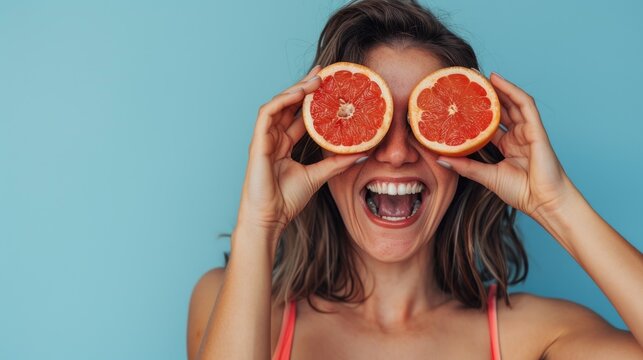 A woman playfully holds two halves of a grapefruit in front of her eyes, smiling brightly against a blue background