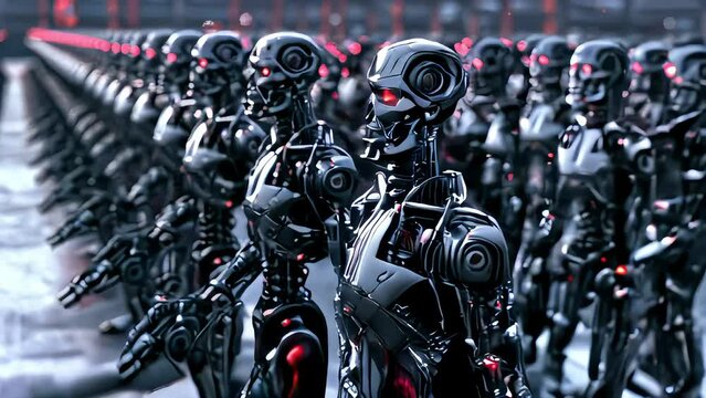 A high-resolution panoramic photo of SkyNet's combat force, including T-800 Terminators and HK-1 ground and aerial equipment, emphasizing realistic detail and aesthetic appeal.