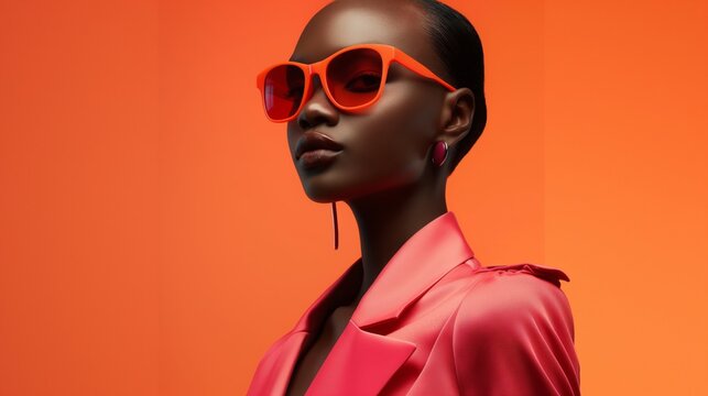African woman wearing neon orange sunglasses and a pink blazer in a professional high-resolution fashion photoshoot against a solid vibrant colored background in minimalist style