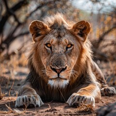 Obraz premium A close up of a lion laying on the ground with it's front paws on the ground looking at the camera.