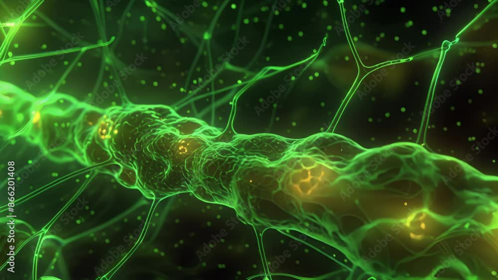 Poster a fluorescently labeled animation of schwann cells in a developing embryo with their distinct green 