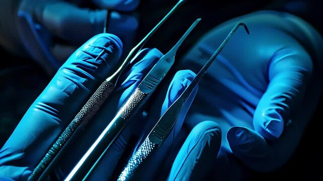 The hands of the cardiac surgeon in latex gloves, meticulously gripping medical instruments for the operation, are highly detailed.