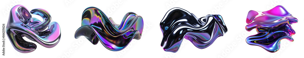 Poster set of 3d holographic abstract with dark colors liquid fluid shape gradients elements design, isolat