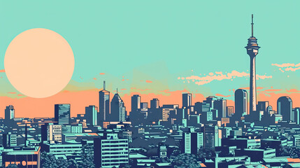 Fototapeta premium Risograph riso print travel poster, card, wallpaper or banner illustration, modern, isolated, clear and simple of Johannesburg, South Africa. Artistic, screen printing, stencil digital duplication