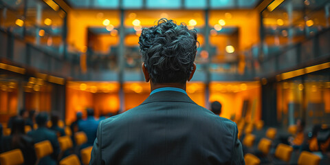 Obraz premium A Man in Formal Attire Giving a Presentation in Modern Office Setting, Audience Engaged and Listening in a Professional Environment with Glass Walls
