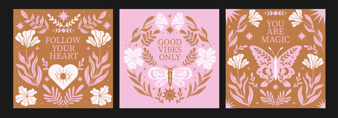 Abstract boho magic poster with esoteric butterfly in trendy bohemian celestial style. Plant branch elements. Gold and pink colors