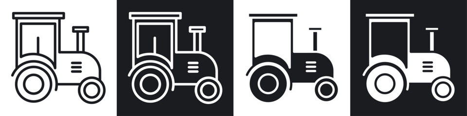 Tractor icon set. agriculture field, equipment sign. farmer tractor machine sign. farmland tractor machinery icon in black filled and outlined style.