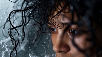 close-up of an Indian woman's face with curly black wet hair, gazing down at her reflection in water droplets on glass, emphasizing detailed textures and profound emotions