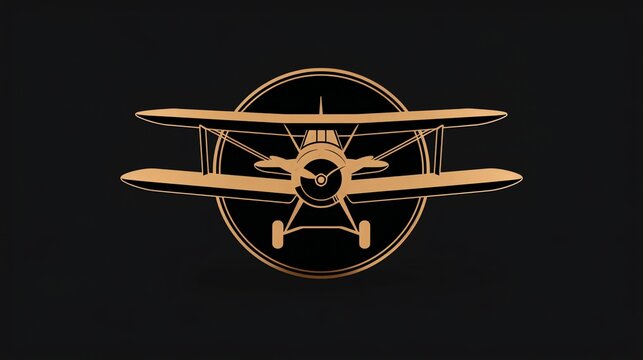 recommend clip art: Vintage biplane silhouette in a black circle against a black background.