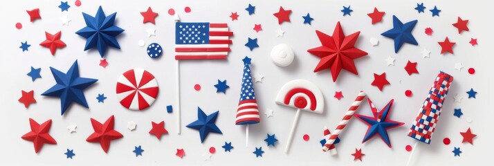 Fototapeta premium Patriotic American clay symbols with stars and flags in red, white, and blue colors