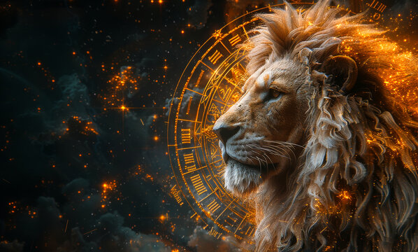 A lion is the main subject of the image, with a starry background