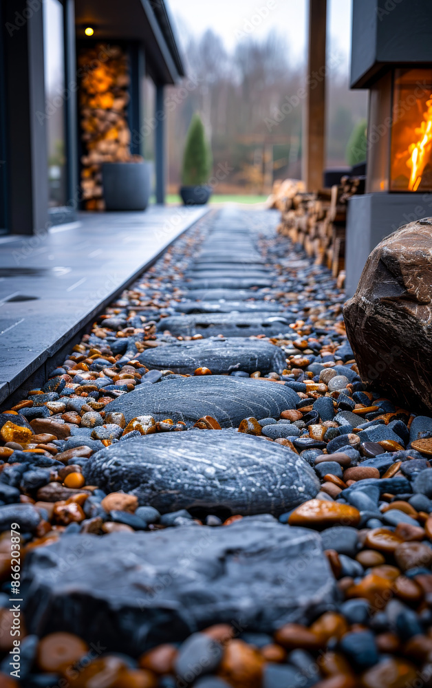 Poster a stone walkway with a fire pit in the background. the walkway is made of rocks and has a rustic fee