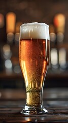Frosty Amber Filled Craft Beer Mug with Wooden Backdrop