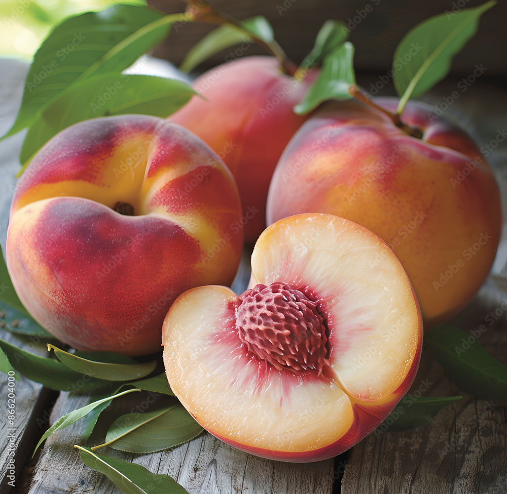 Wall mural a few peach with leaves, one of which has been cut open to reveal the juicy pulp inside. rustic wood