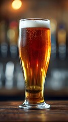 Illuminated Glass of Amber Beer on Rustic Wooden Table in Cozy Bar or Pub Atmosphere
