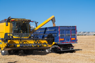 The combine harvester unloads the harvested wheat into a lorry trailer via a discharge auger.
