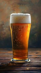 Amber Ale in Frosted Glass with Bubble Foam on Wooden Table