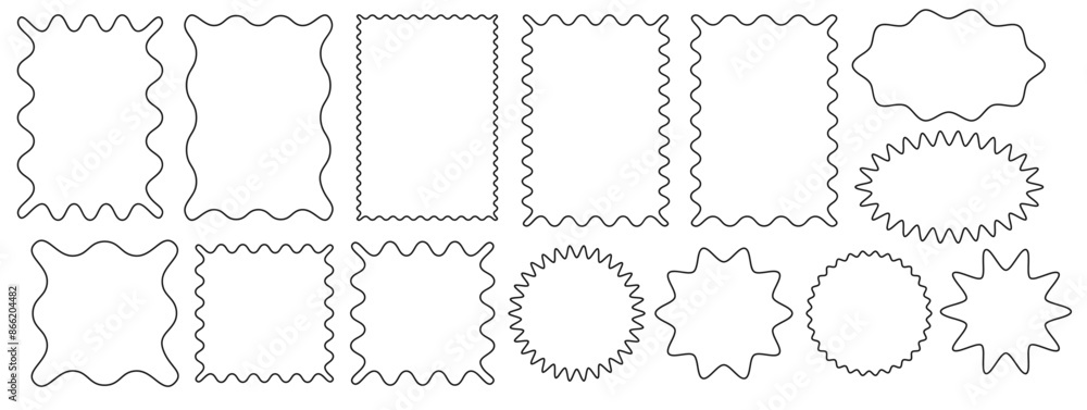 Poster set of groovy curve frame. drawing doodle wavy border. circle and rectangle shape. design outline el