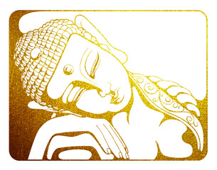 Image in gold of a sleeping Buddha. A symbol of peace. Simplicity and enlightenment. Buddha bowed his head in his hands.