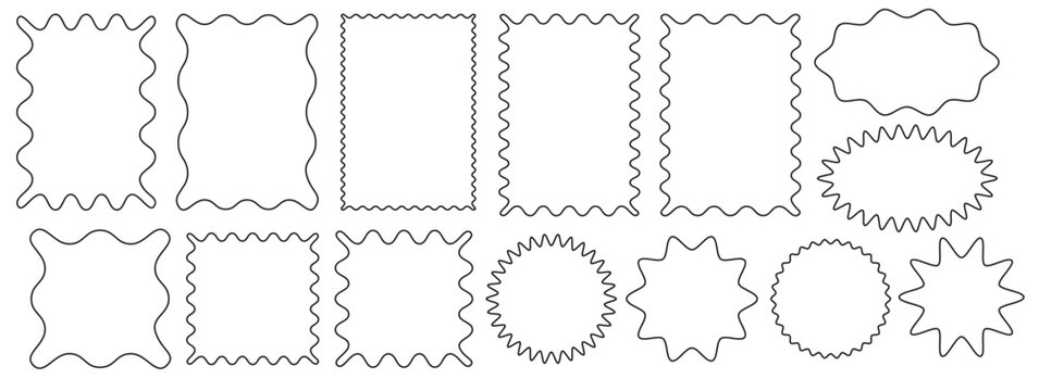 set of groovy curve frame. Drawing doodle wavy border. Circle and rectangle shape. Design outline elements