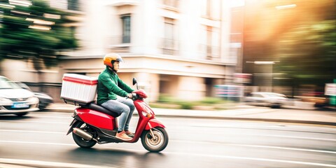 Fototapeta premium Speedy Delivery. A food delivery rider, clad in a red uniform and helmet, zips through the bustling city streets on his scooter, carrying a red insulated delivery bag.