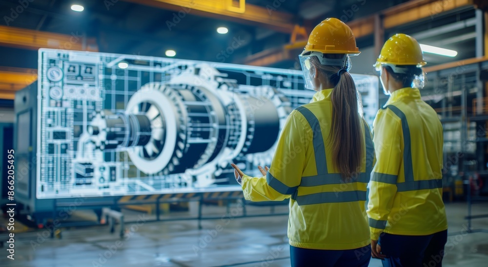 Poster engineers examining 3d hologram projection of an engine in a futuristic factory setting