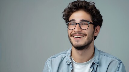 Obraz premium Portrait of a handsome smiling young man with glasses looking at the camera and laughing isolated on a grey background, in the style of copy space concept for vision health care advertising commercial