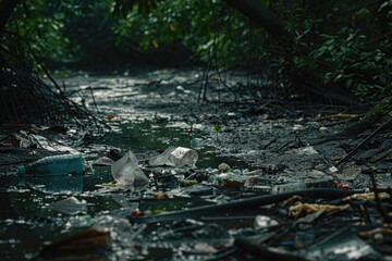 Fototapeta premium A disturbing scene of litter scattered in a once-pristine natural environment, showcasing the negative impact of human negligence on nature
