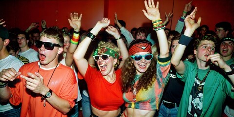 1990s Rave Party: Youth Culture in Full Swing. Vibrant scene of young adults at a 1990s rave party, energetically dancing and celebrating with colorful fashion and enthusiastic expressions. 