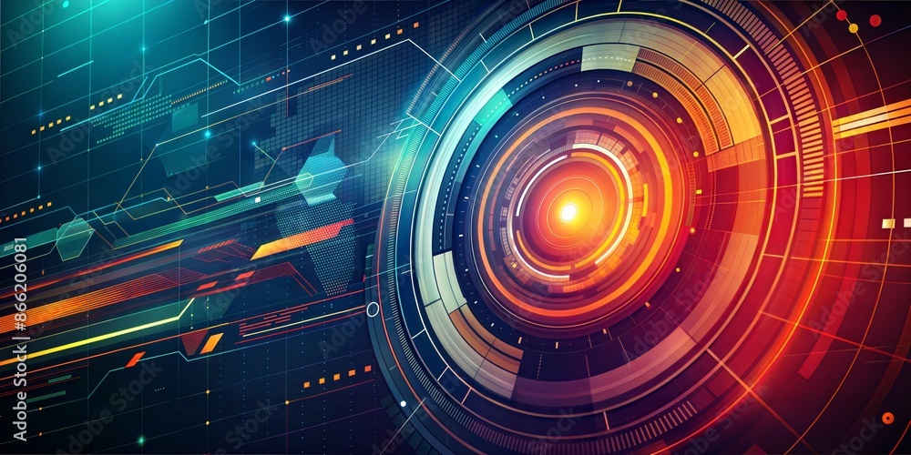 Poster this vibrant digital illustration depicts an advanced futuristic data analytics interface. the image