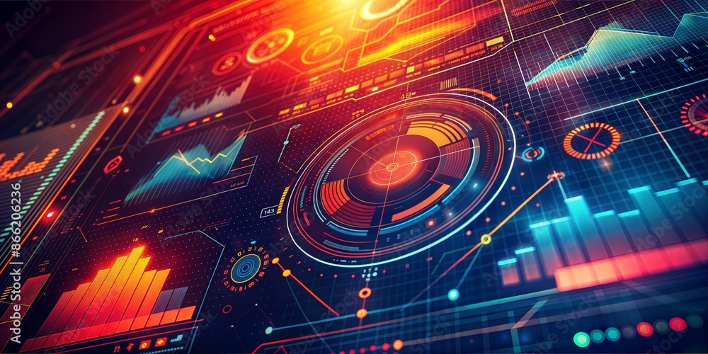 Poster this vibrant digital illustration depicts an advanced futuristic data analytics interface. the image