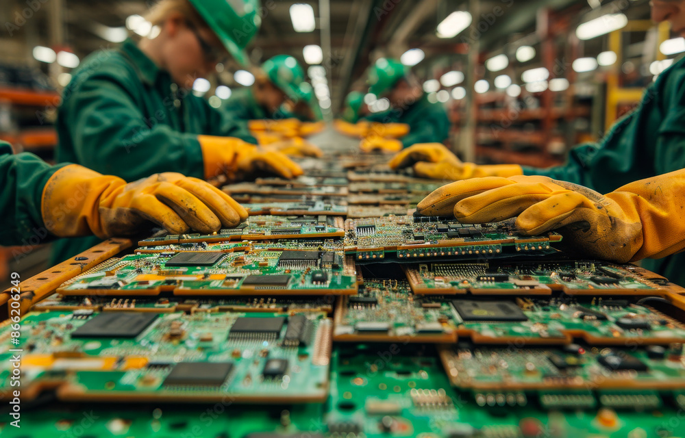 Poster a group of workers are assembling computer chips. concept of precision and focus as the workers care