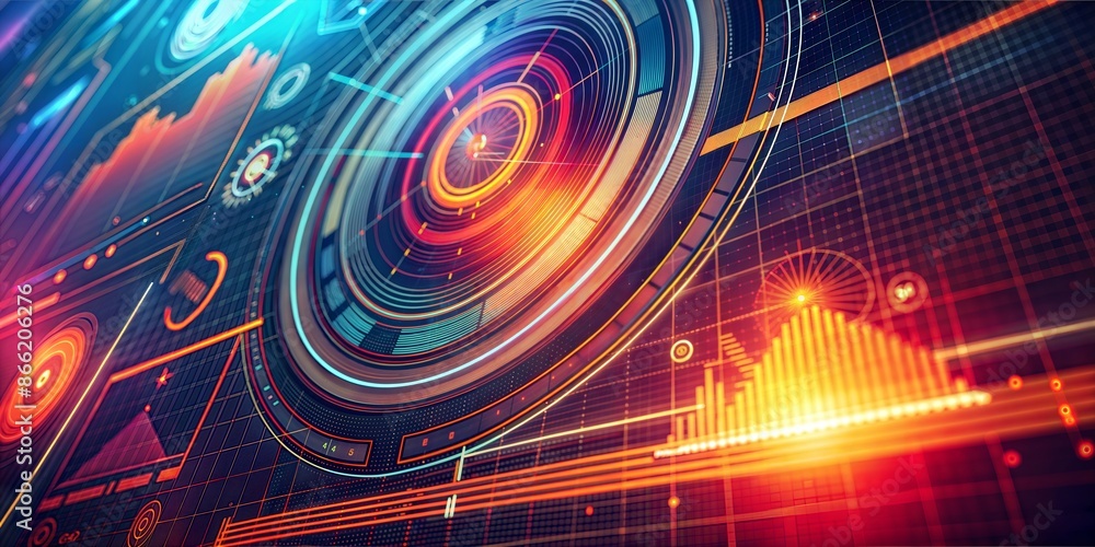 Poster this vibrant digital illustration depicts an advanced futuristic data analytics interface. the image
