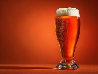 Frosty Glass of Amber Craft Beer on Vibrant Orange Background