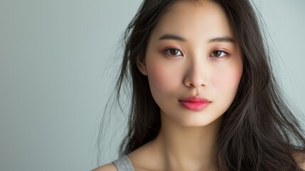 Fototapeta premium asian woman with long hair and pink lipstick in gray tank top, standing against light blue background, round face, natural expression, looking directly at camera, showcasing beauty and elegance