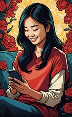 Happy Asian female student beautiful young woman using smartphone, texting boyfriend online, at home, Happy valentine's day concept.