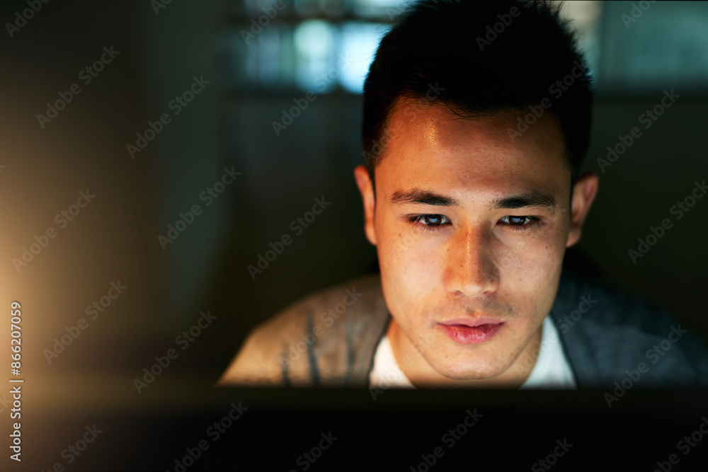 Poster businessman, office and face by computer at night with research, project deadline and cyber security