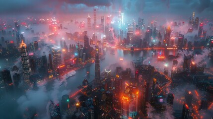 Fototapeta premium A cyberpunk city with neon lights and smoke creating a futuristic and dystopian feel.