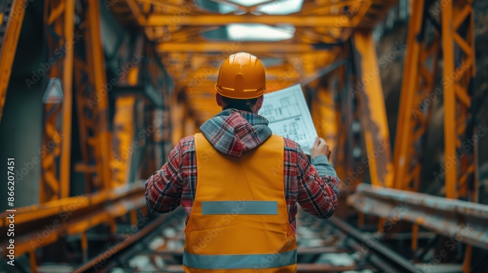 Poster an engineer holding the project plan inspects the bridge while wearing a safety helmet. skilled arch