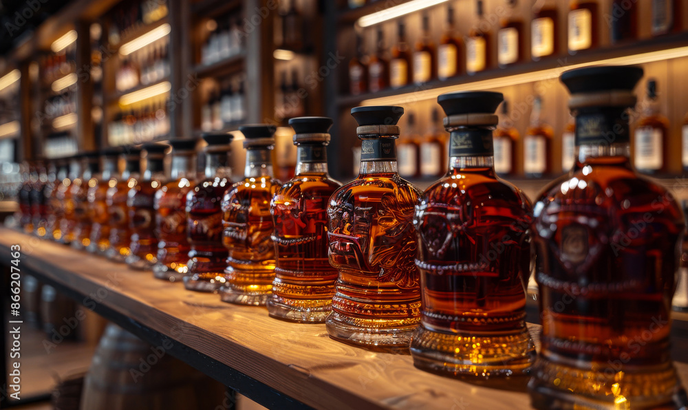Poster a row of liquor bottles on a wooden shelf. the bottles are lined up and appear to be of different si