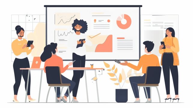 A delighted female designer standing in front of a presentation screen, explaining her design concept to a group of attentive colleagues