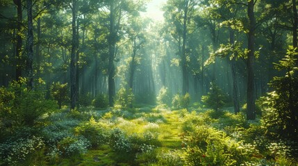 Obraz premium A dense forest with sunlight filtering through the trees, creating dappled light on the forest floor.