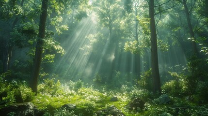 Obraz premium A dense forest with sunlight filtering through the trees, creating dappled light on the forest floor.