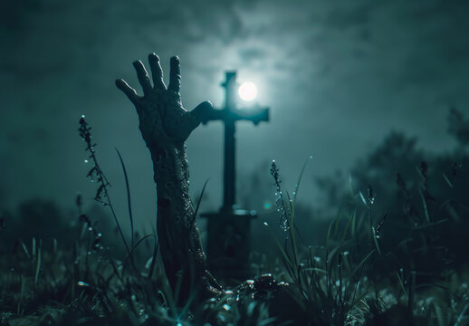 A creepy zombie hand reaching out from the ground at night. Halloween background