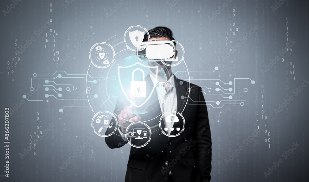 Poster caucasian project manager wearing vr glasses while look at hologram of security system. smart busine