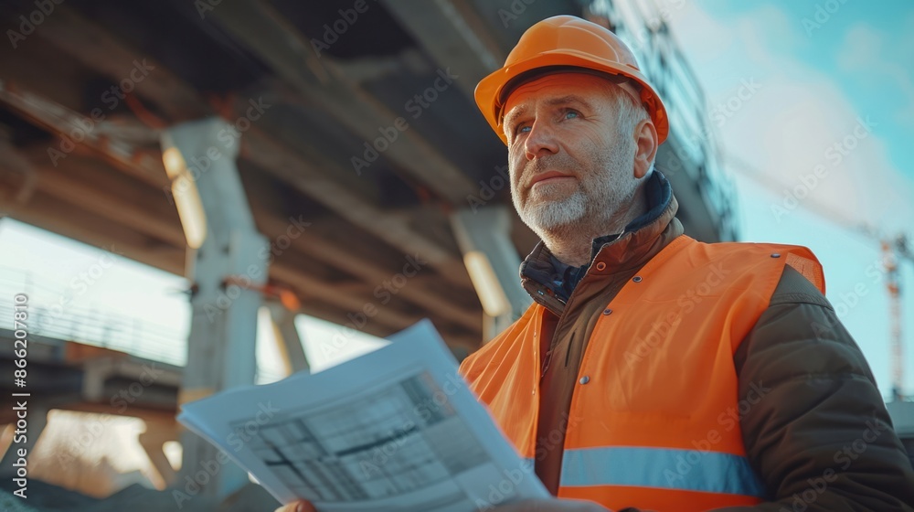 Poster an engineer holding the project plan inspects the bridge while wearing a safety helmet. skilled arch