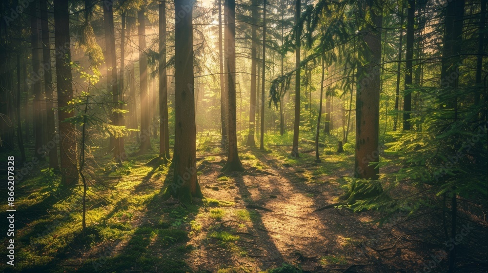 Poster a dense forest with sunlight streaming through the tall trees, casting long shadows on the forest fl