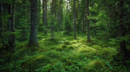 Fototapeta premium A dense, green forest floor with a mix of old spruce, fir, and pine trees creating a natural canopy