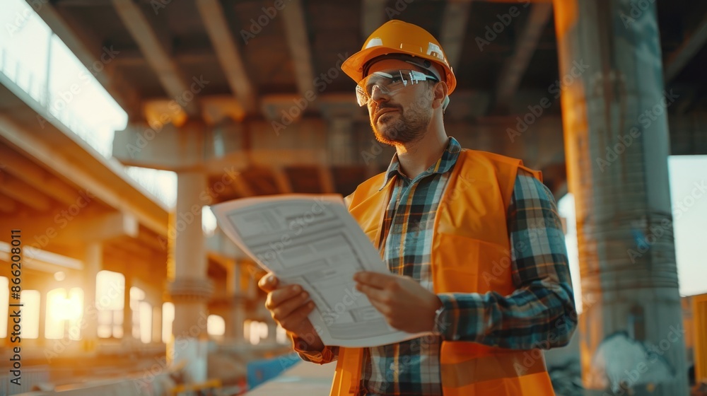 Poster an engineer holding the project plan inspects the bridge while wearing a safety helmet. skilled arch